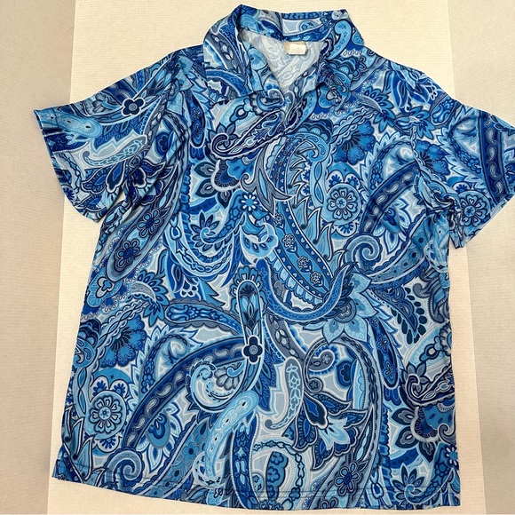 Haband Womens Sz Large Vintage Blue Paisley Boho Pointed Collar V-Neck 70’s Vibe - Picture 4 of 6